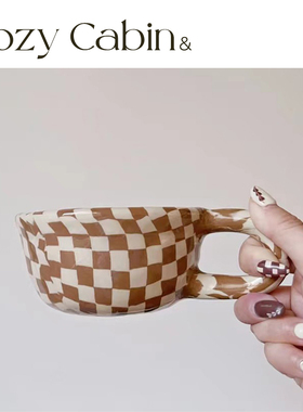 清仓折扣Cozy Cabin&Pollygarden韩国格纹不规则马克杯棋盘格杯子