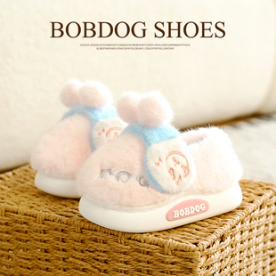 巴布豆儿童棉拖鞋女童秋冬季室内鞋加绒包跟一岁女宝防滑毛毛拖鞋
