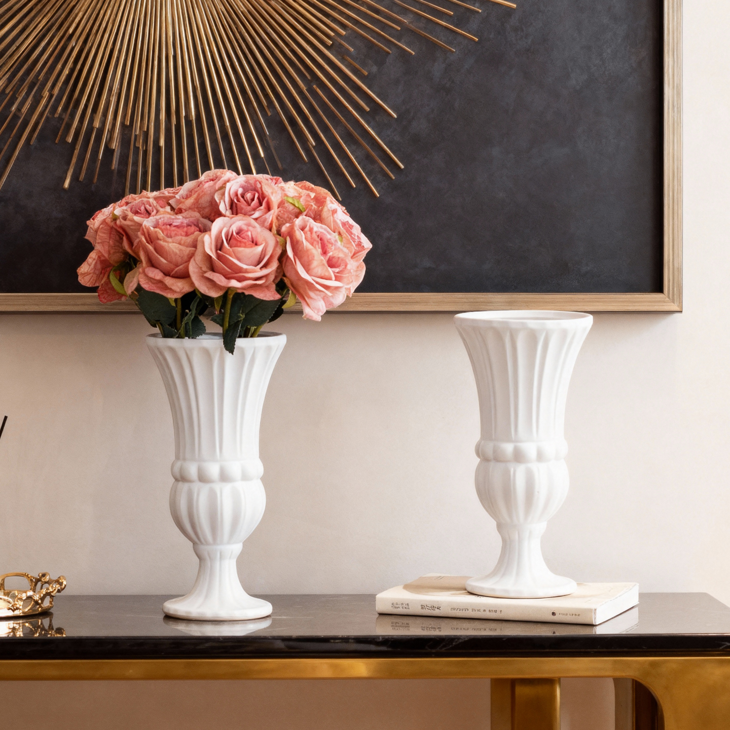 欧式古典陶瓷花瓶白色竖纹装饰摆件家居客厅插花器