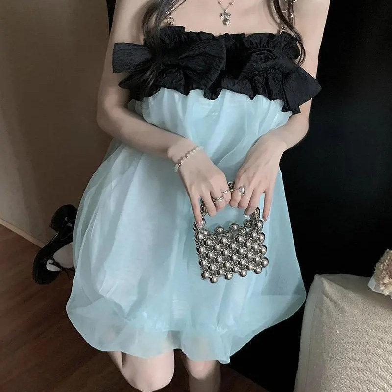 甜美小众韩系蝴蝶结泡泡连衣裙女