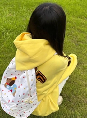 美式高街黄色字母刺绣连帽卫衣女秋冬加绒加厚情侣款潮牌小众外套