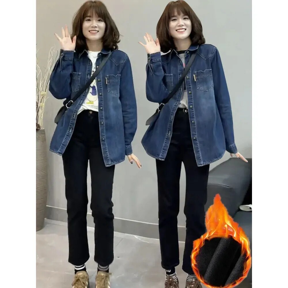 日系现货牛皮宽松牛仔衬衫女长袖