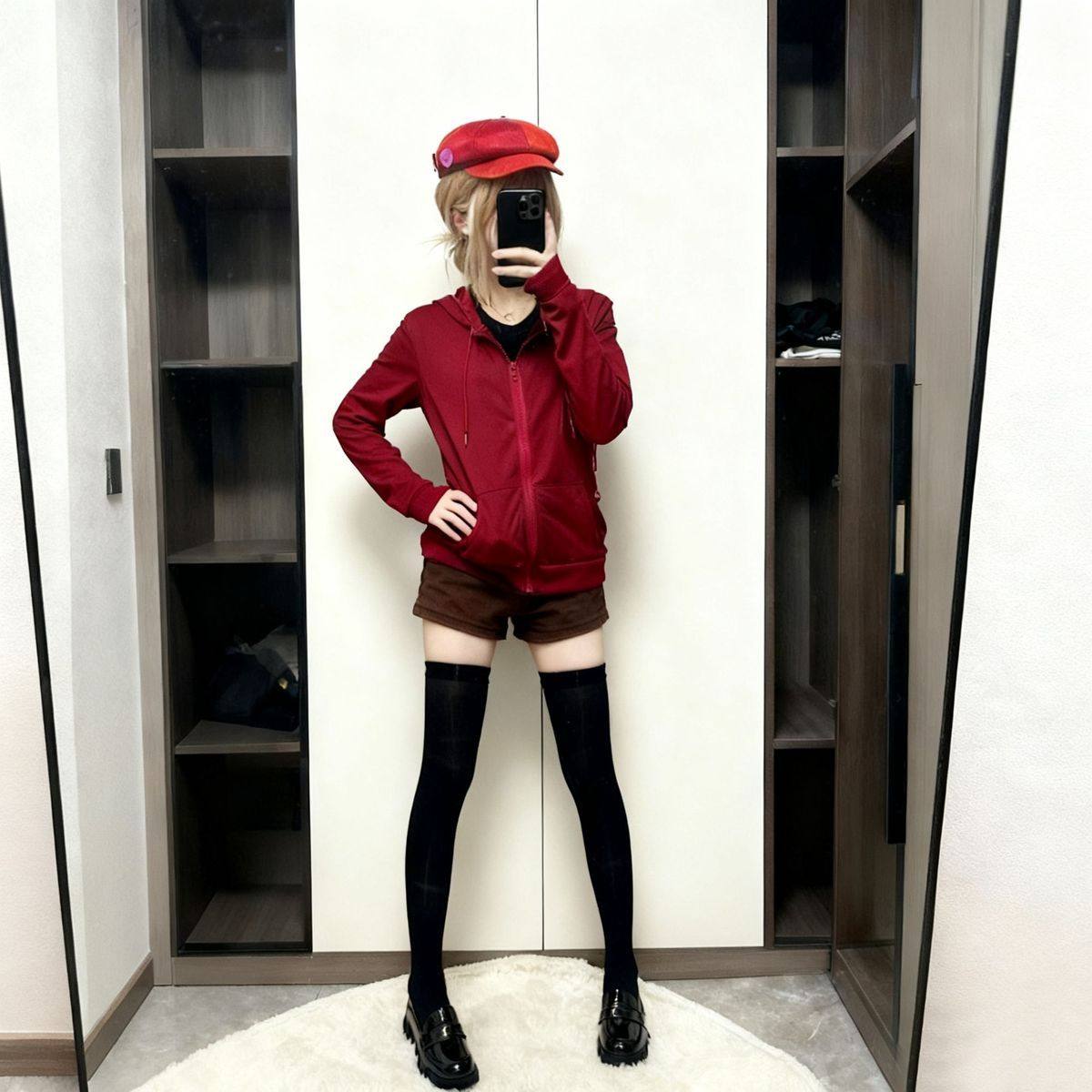 干物妹小埋土间埋cos日常服红色连帽开衫拉链纯色卫衣短裤套装女