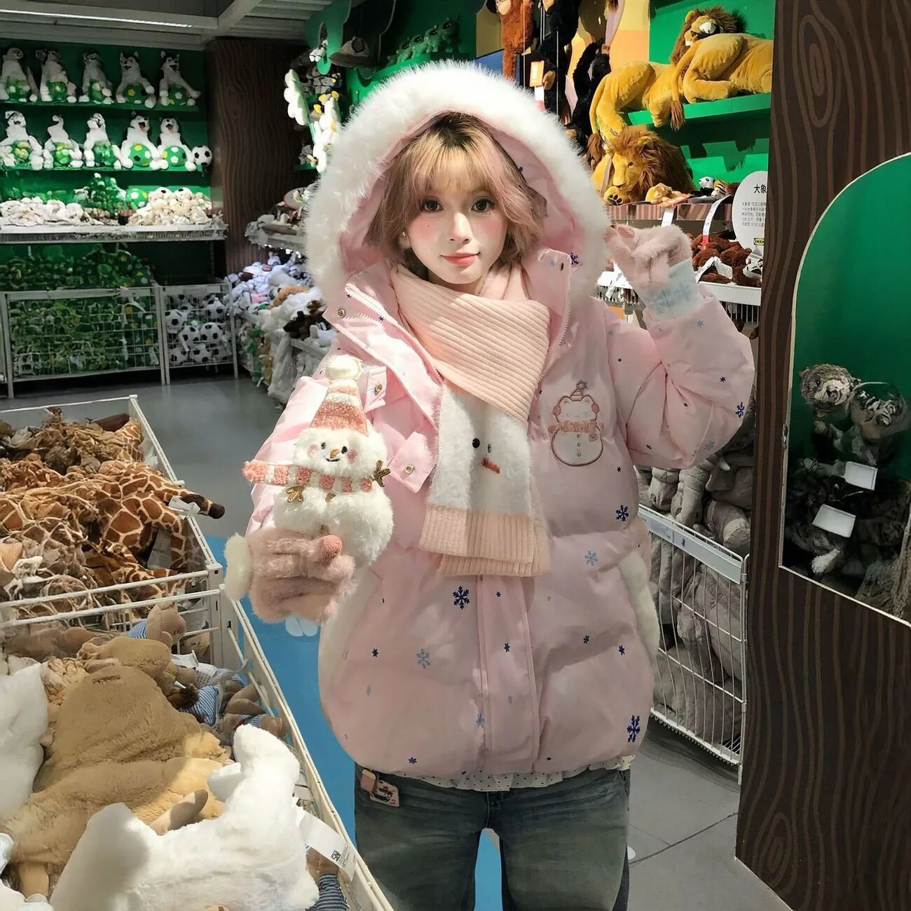 冬季甜妹雪人魔术贴加厚面包服女