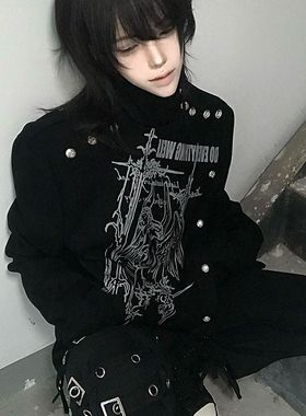 亚文化立领T恤女秋冬季金属铆钉宽松显瘦情侣朋克印花视觉系上衣