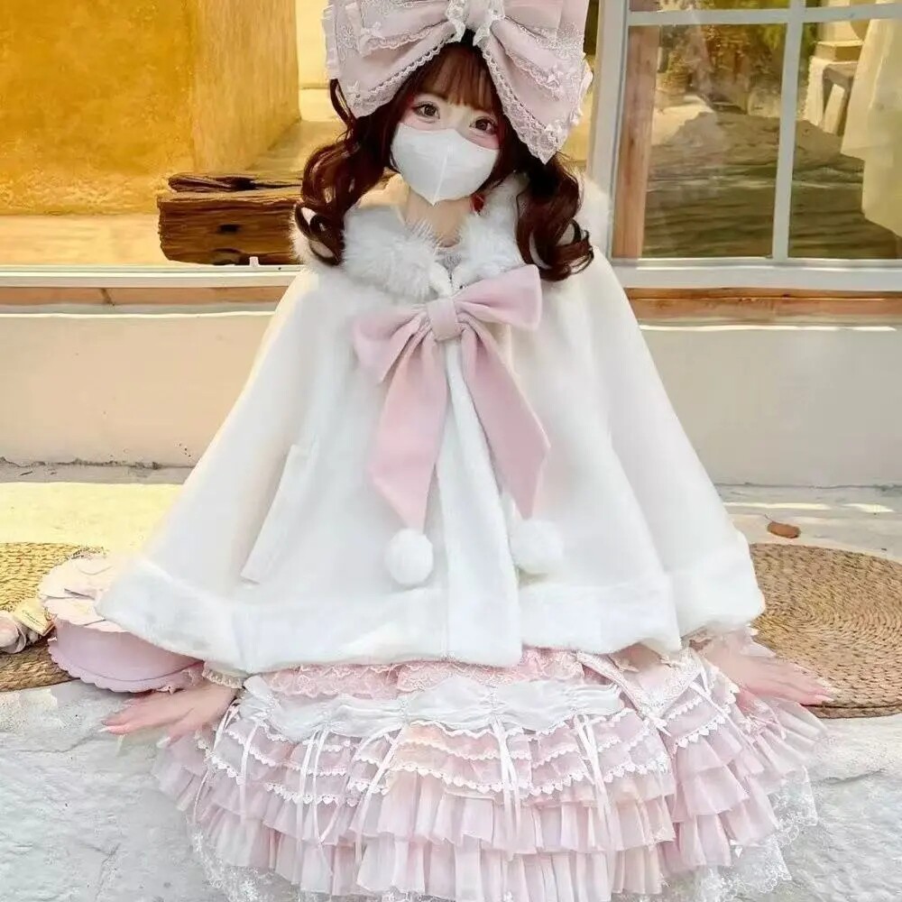 绒绒斗篷披肩甜美洛丽塔软妹可爱帽子秋冬冬装蝴蝶结新款毛呢外套
