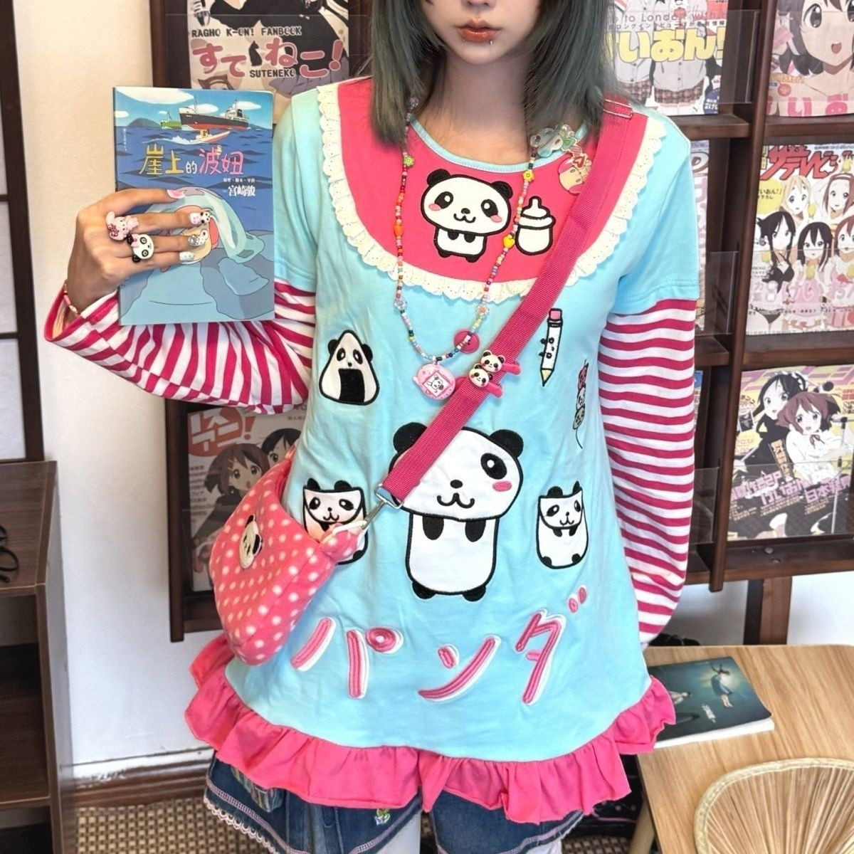 日系可爱花边显瘦假两件长袖T恤
