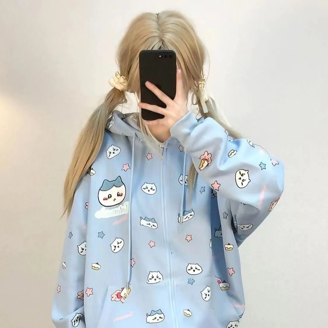 日系可爱满印小八连帽开衫卫衣女