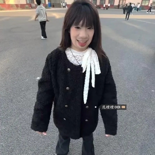 加绒黑色韩系慵懒风黑色羊羔绒外套女秋冬季加厚保暖百搭毛毛外套
