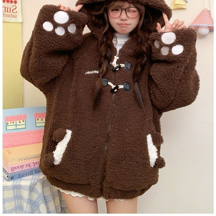 现货日系甜美小熊加厚羊羔绒棉服