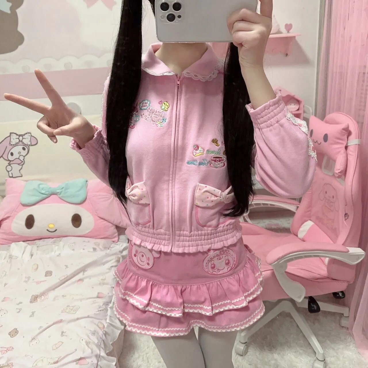 现货新款日系可爱甜美连帽女套装