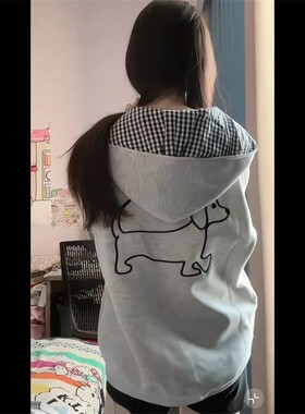 现货韩系格纹刺绣蝴蝶结连帽卫衣
