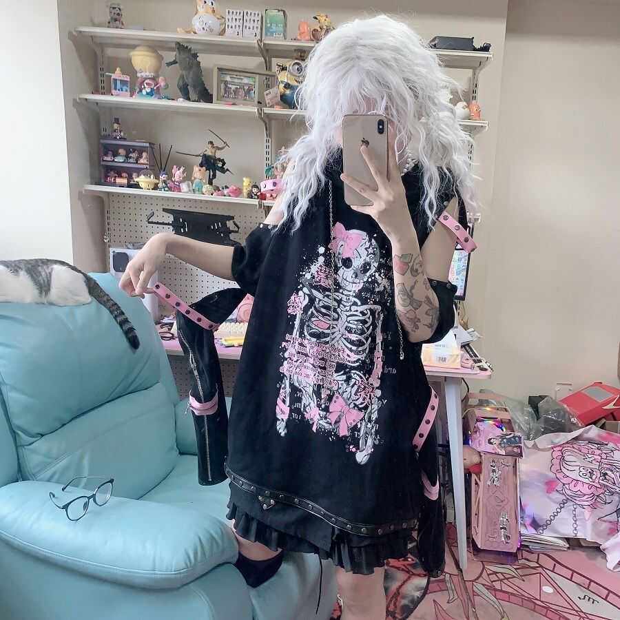 秋冬猫耳人形契约亚文化露肩T恤