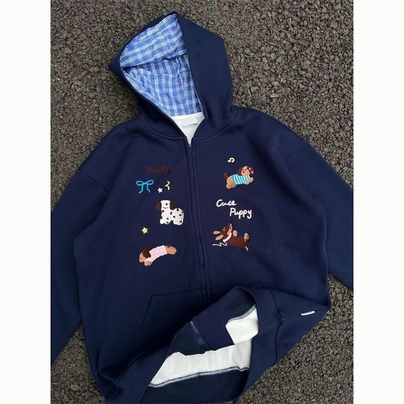 长袖加绒宽松修勾刺绣纯棉银狐绒美式开衫连帽卫衣女减龄百搭外套