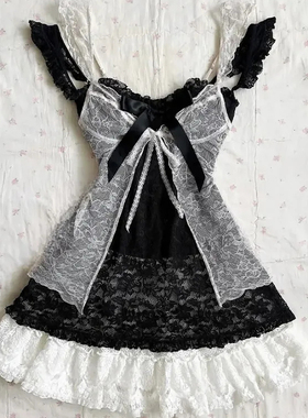 夏季古着vintage套装Y2K甜美蝴蝶结蕾丝拼接吊带连衣裙开衫两件套