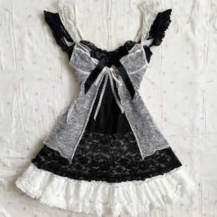 夏季古着vintage套装Y2K甜美蝴蝶结蕾丝拼接吊带连衣裙开衫两件套