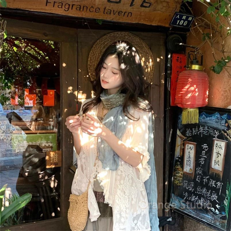 春夏古着感薄荷绿碎花围巾复古森系度假风拼接褶皱丝巾氛围感披肩