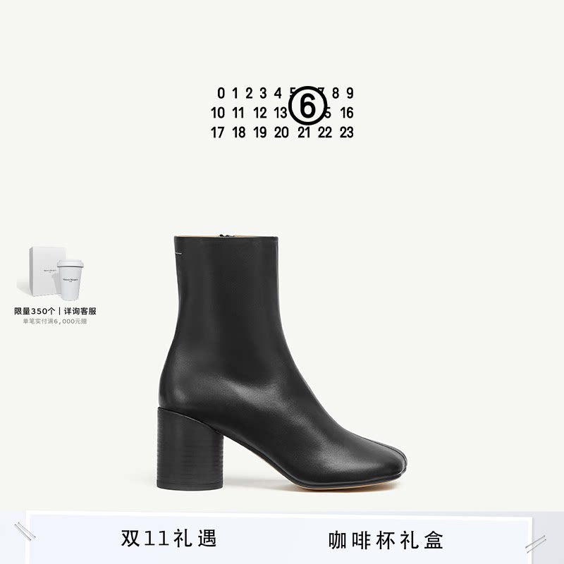 [限量满赠]MM6黑色女士粗高跟羊皮革及踝靴中筒靴休闲通勤女鞋7cm