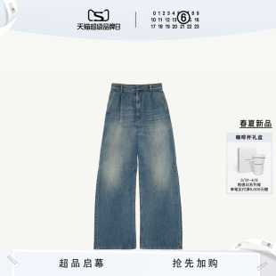 通勤长裤 牛仔裤 MM6高腰做旧效果宽松休闲直筒弯刀裤 子 春夏新品