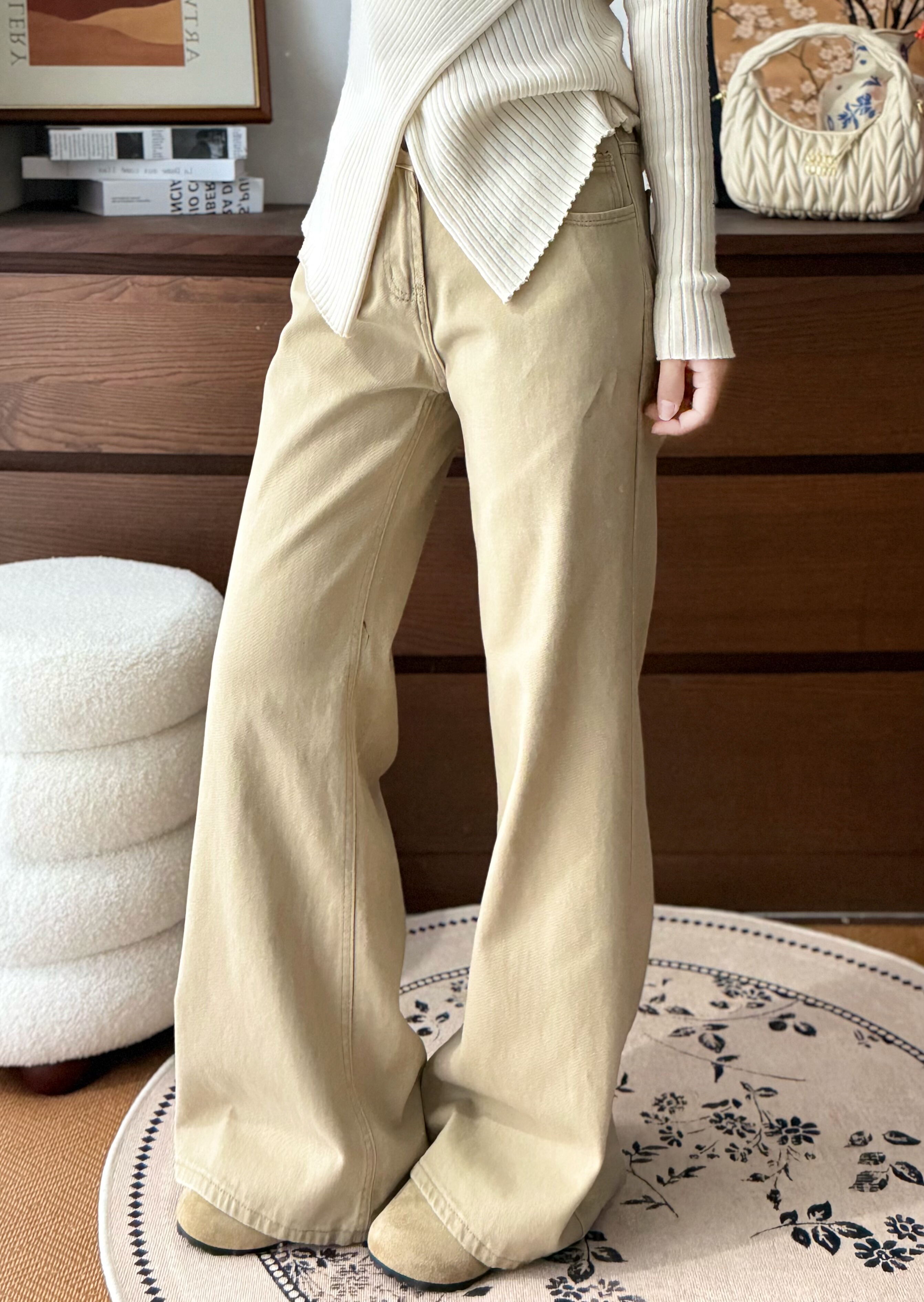 小个子美式复古低腰阔腿喇叭裤女不贴腿显瘦长裤