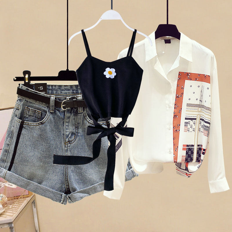 夏季新款小雏菊套装针织吊带背心+雪纺防晒衫+高腰牛仔短裤三件套