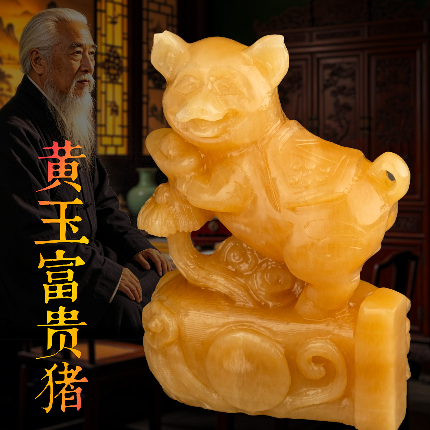 黄玉雕刻生肖猪摆件富贵招财元宝猪国学布局装饰工艺品风水摆设