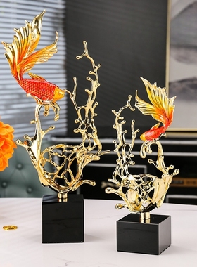 新中式珐琅彩锦鲤鱼摆件客厅酒柜电视柜装饰品高档乔迁新居礼品