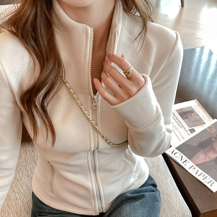 严选秋冬季美式拉链外套女保暖加绒加厚百搭长袖设计感修身上衣