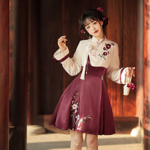 原创设计山茶之约汉服女中国风汉元素改良上衣连衣裙套装冬新中式