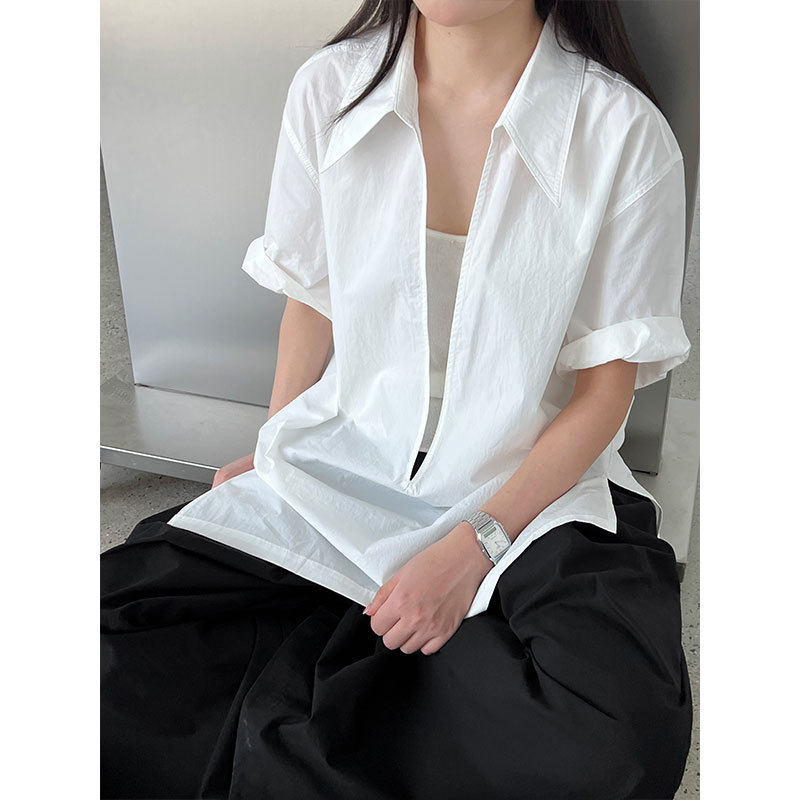 法式复古简约深V领叠穿短袖衬衫女夏新款通勤显瘦上衣常规休闲风