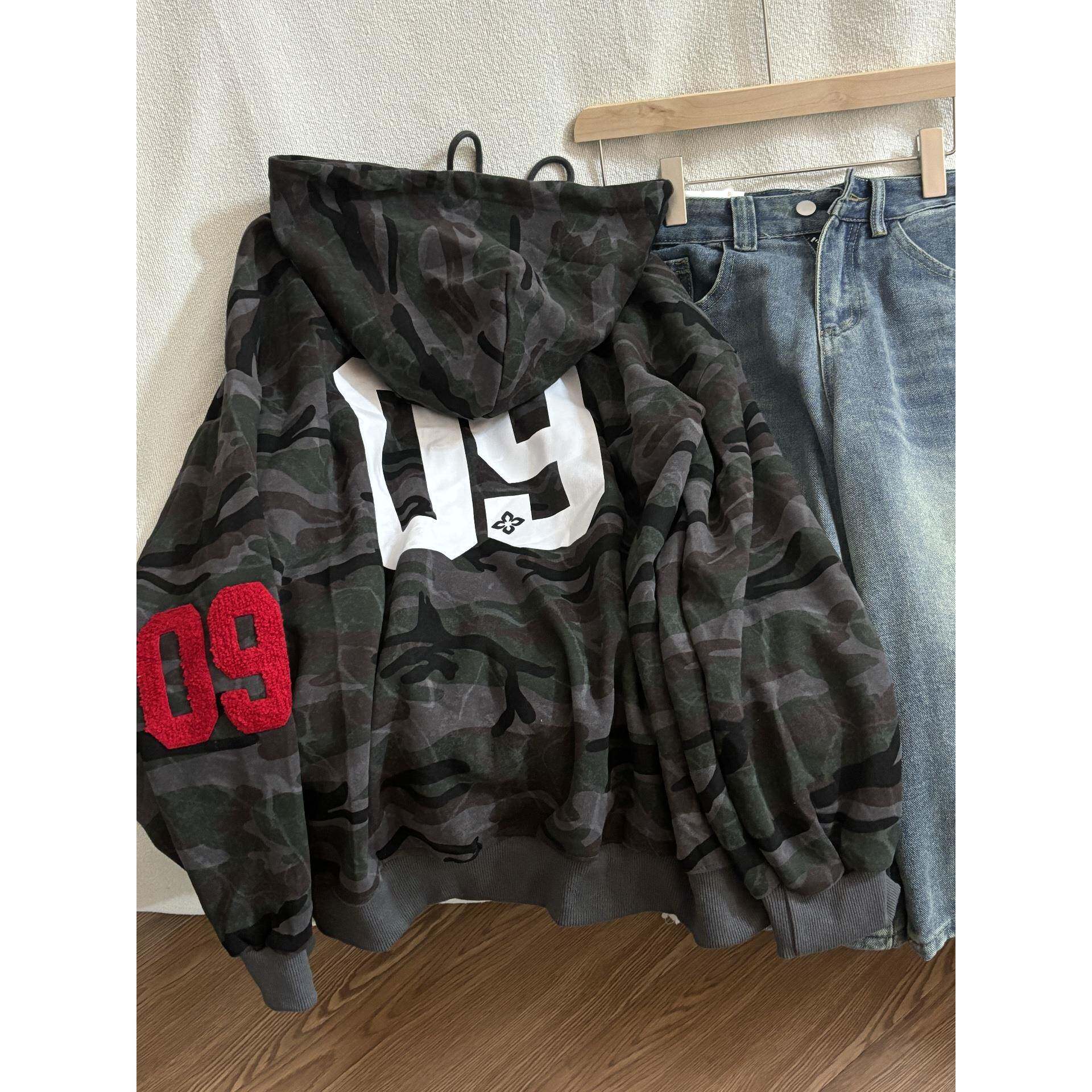 美式复古刺绣迷彩连帽卫衣男女2025秋冬新款宽松街头拉链开衫外套