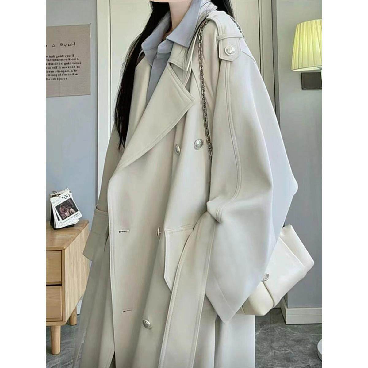 白色中长款风衣外套女2025秋新款小个子英伦风垂感大衣休闲高级感