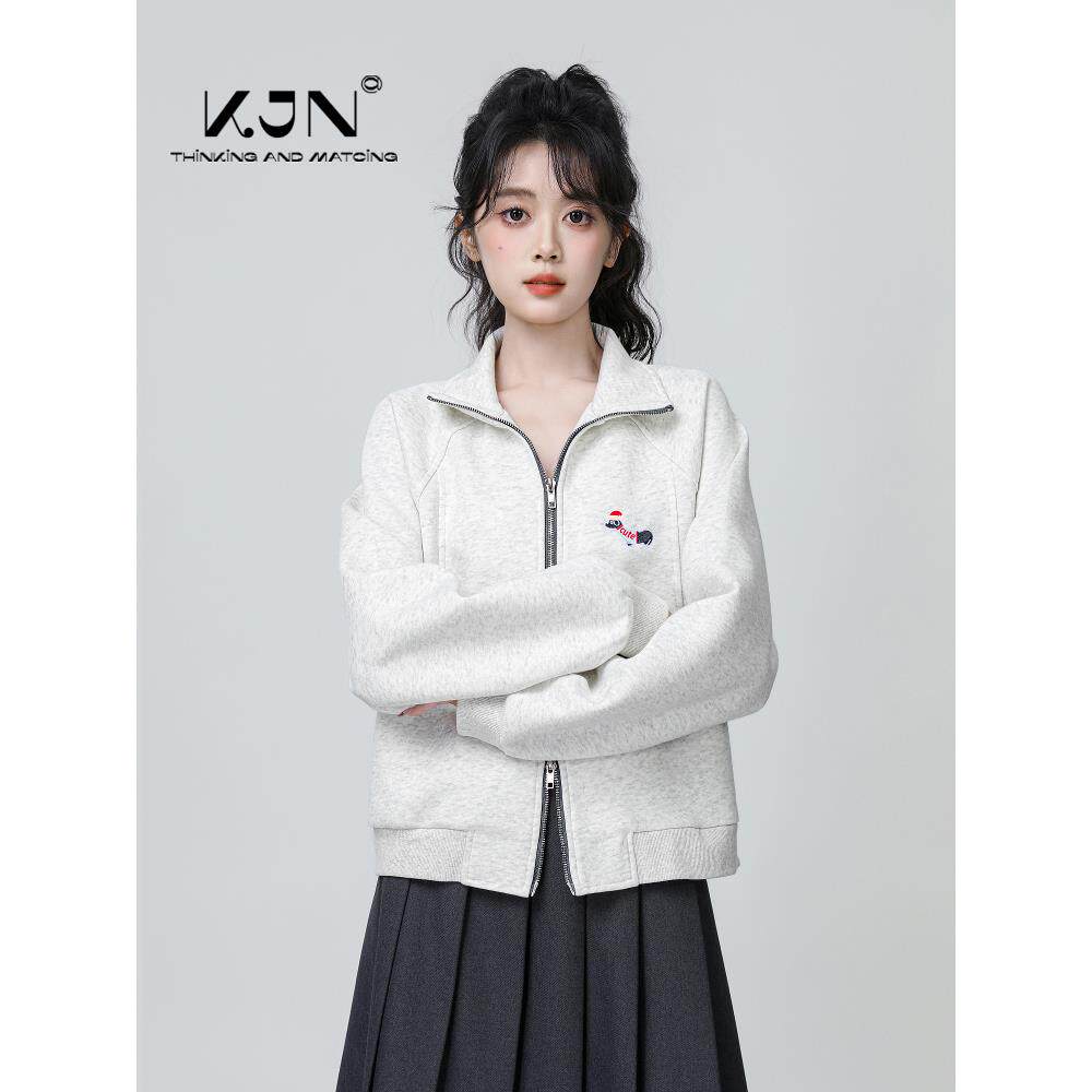 美式灰色卫衣外套女春秋2025秋季新款双拉链开衫翻领休闲夹克上衣