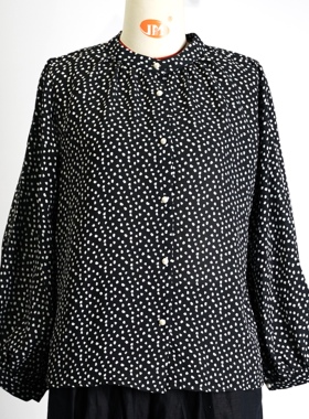 JCC STUDIO日系雪纺波点印花圆领长袖衬衫宽松休闲百搭上衣