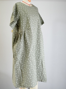 JCC studio日系全棉皱皱纱泡泡棉格子圆领宽松休闲连衣裙W114H108