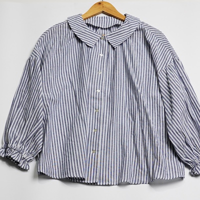 JCC studio日系棉麻条纹娃娃领抽褶宽松休闲通勤衬衫B136H62