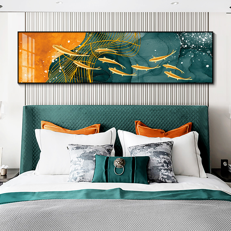 新中式卧室床头装饰画晶瓷画招财九鱼图房间挂画客厅沙发背景墙画图片