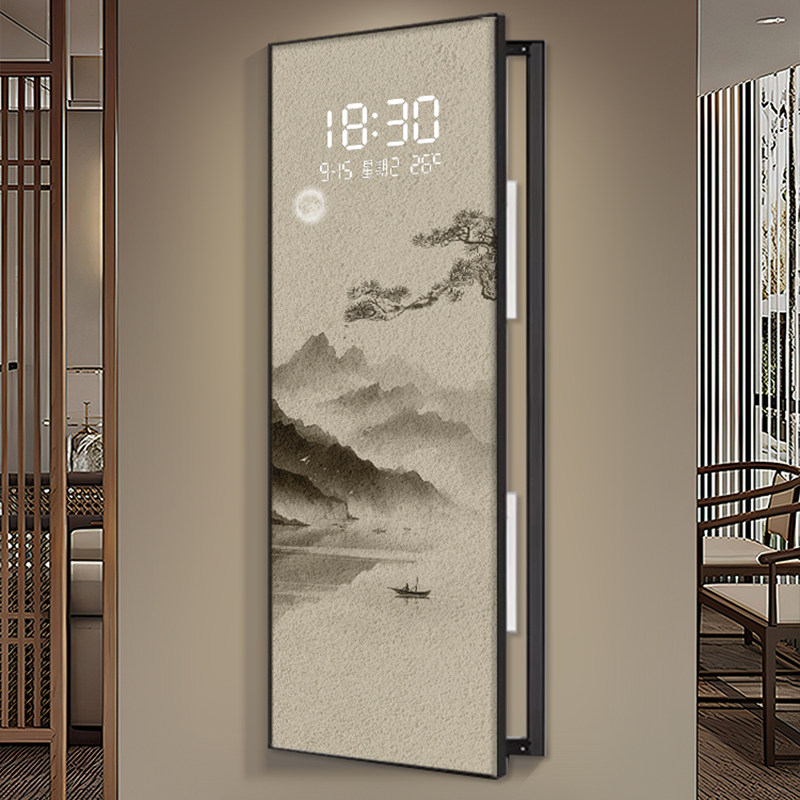 水墨山水电表箱装饰画 画电子钟新中式大尺寸配电箱网路盒遮挡挂