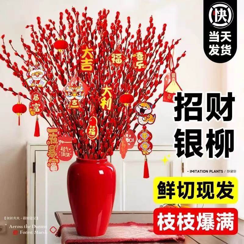 银柳鲜枝春节年宵花带花苞客厅摆件冬季耐寒干花新年红色招财福桶