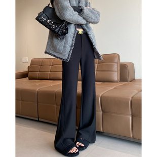 弹力休闲喇叭西裤 修身 子女2025秋冬保暖高腰超模裤 黑色加绒微喇裤