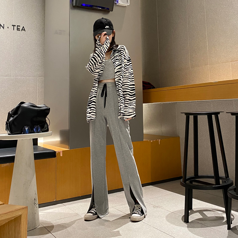 开叉灰色运动裤女高腰直筒裤2020新款百搭显瘦阔腿裤拖地休闲长裤