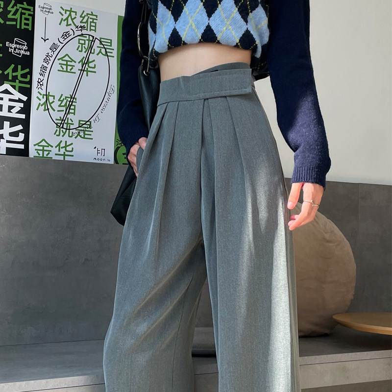 灰棕色阔腿裤女春秋高腰垂感直筒裤小个子宽松休闲拖地西装裤子冬