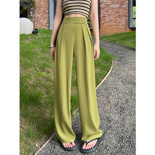显瘦宽松休闲直筒裤 裤 小个子绿色 女夏高腰垂感雪纺西装 冰丝阔腿裤