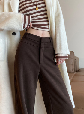 咖色羊毛呢阔腿裤子女秋冬加绒加厚高腰休闲直筒保暖显瘦西装长裤
