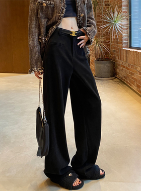 黑色阔腿裤女秋冬加绒加厚高腰针织雪尼尔灯芯绒休闲直筒西装裤子