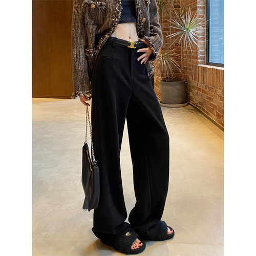 寻笙记加绒黑色秋冬休闲直筒长裤