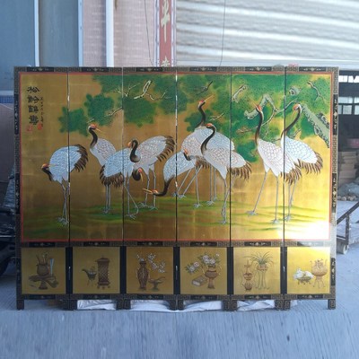 至高美金箔手绘屏风松龄鹤寿图装饰隔断屏6片网红直播背景墙装饰