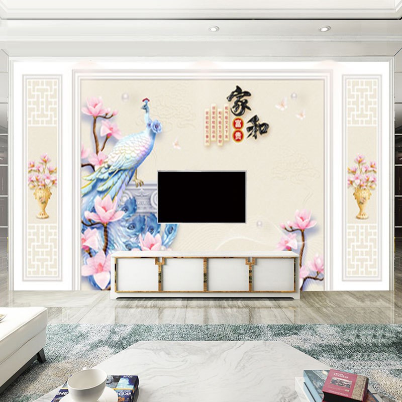 3d立体浮雕孔雀墙纸电视背景墙壁纸简约现代中式客厅大气装饰壁画图片