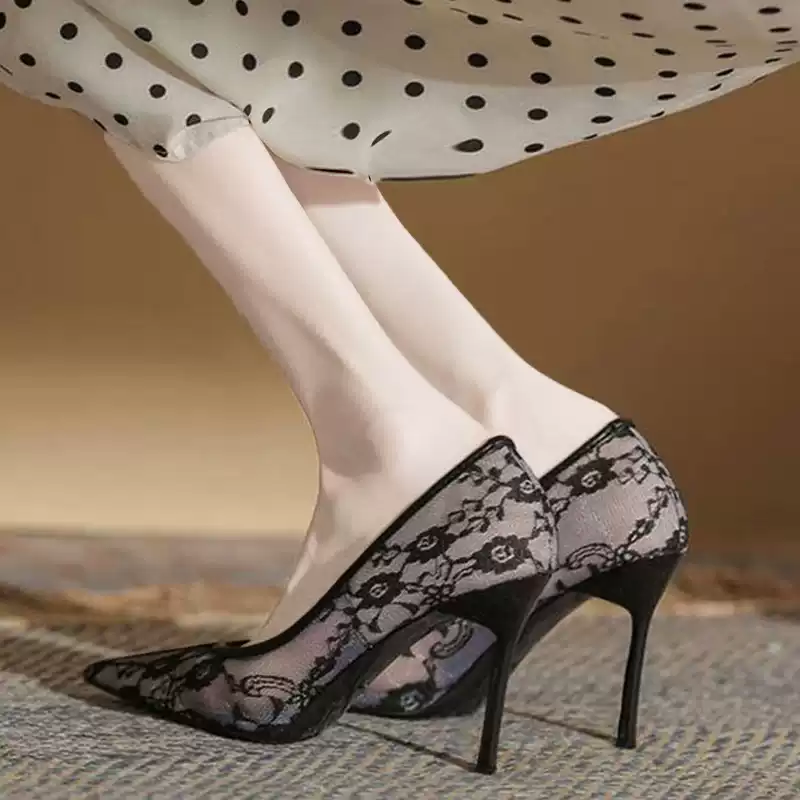 蕾丝面高跟鞋黑色2024夏季新款尖头细跟性感网面镂空夜店女百搭鞋