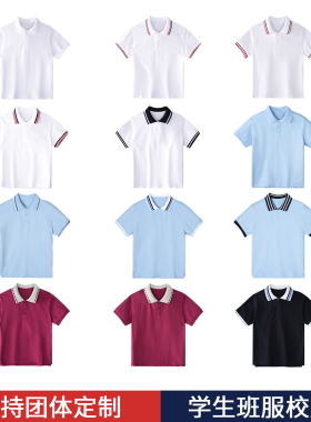 中小学生校服男童polo衫短袖t恤春秋女童白色纯棉儿童浅蓝色翻领